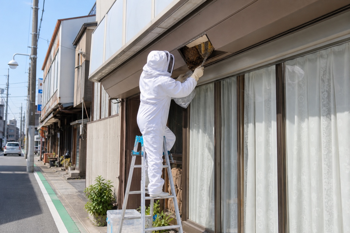 半田市東洋町の商店街店舗併用住宅でミツバチ駆除作業中