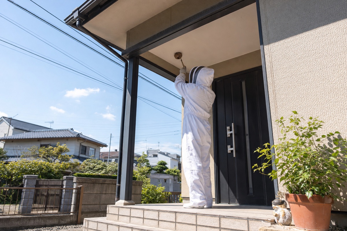 半田市上池町の賃貸戸建でアシナガバチ駆除作業中