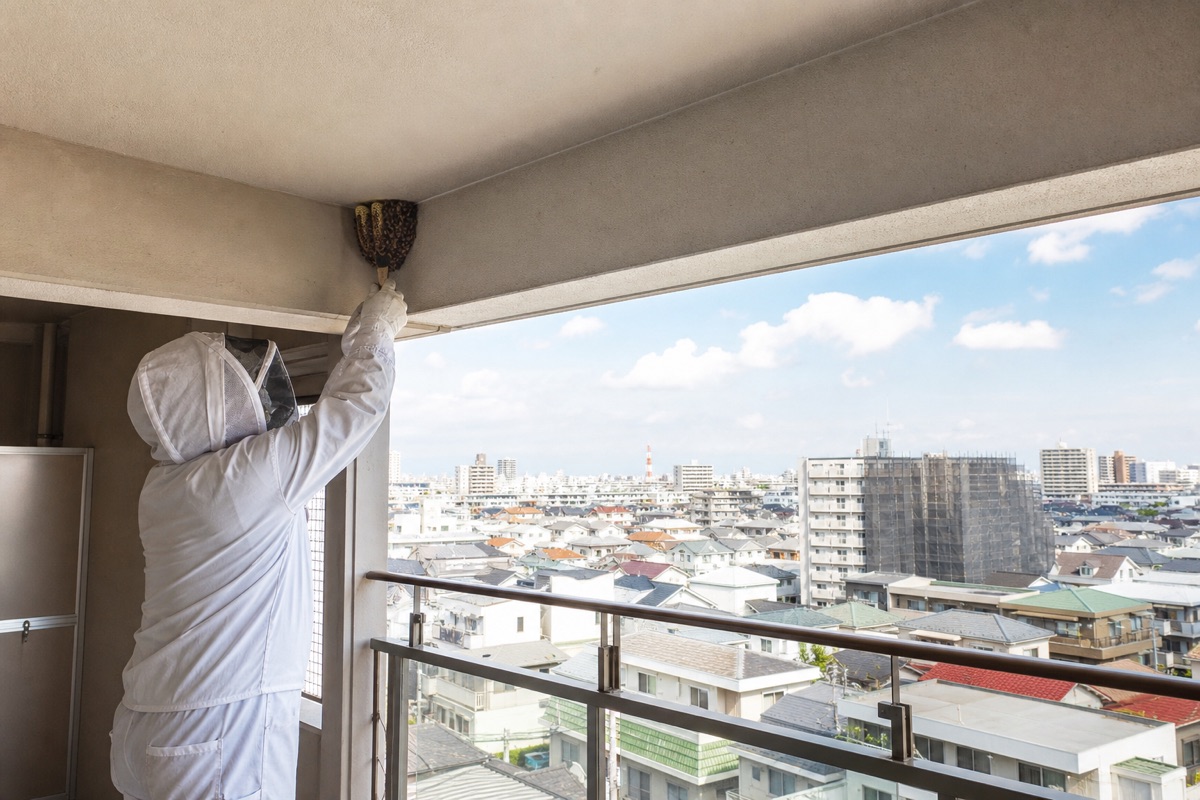 半田市星崎町のマンションでミツバチ駆除作業中