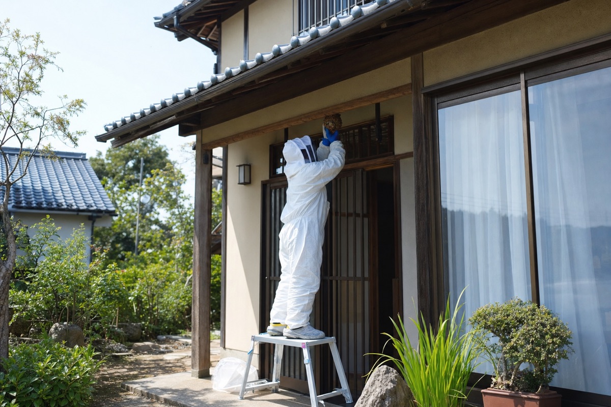 半田市有脇町のごんぎつねの里近隣住宅でスズメバチ駆除作業中