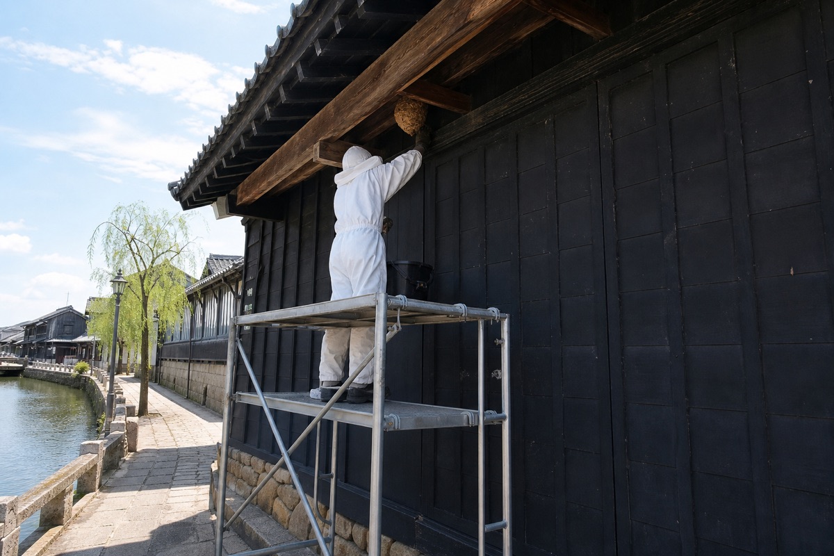 半田市有楽町の運河沿い古民家でオオスズメバチ駆除作業中