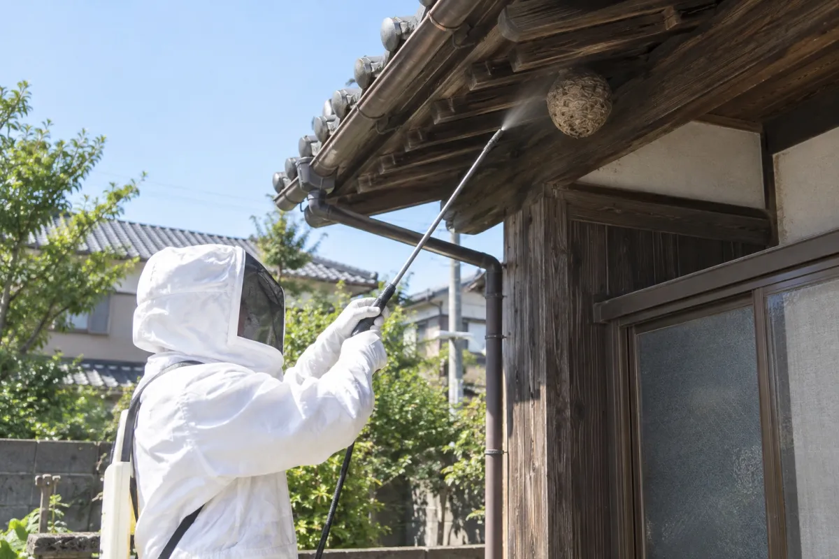 碧南市棚尾本町の木造一戸建てでスズメバチ駆除作業中