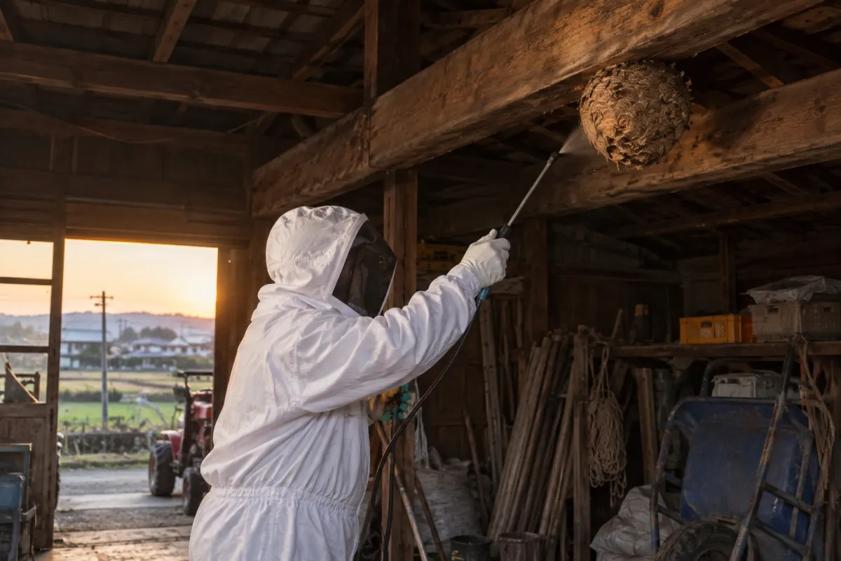 碧南市田尻町の農家納屋でオオスズメバチ駆除作業中