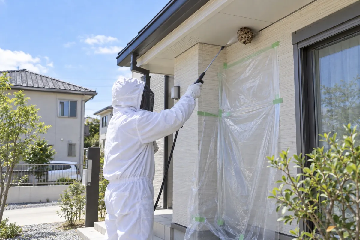 碧南市向陽町の新築一戸建てでキイロスズメバチ駆除作業中