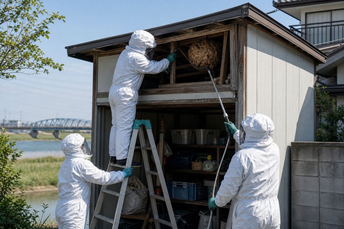 一宮市木曽川町黒田の郊外住宅でキイロスズメバチ駆除作業中