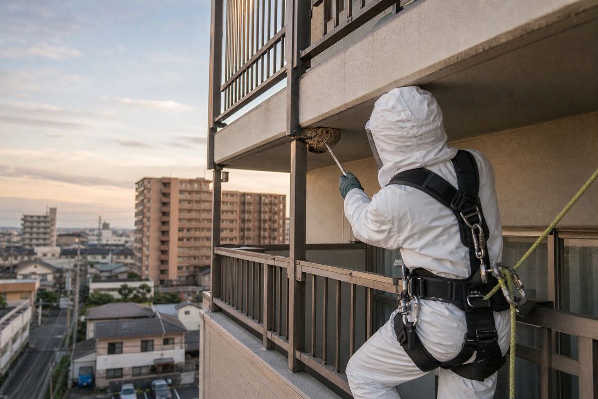 一宮市三条のマンションでスズメバチ駆除作業中
