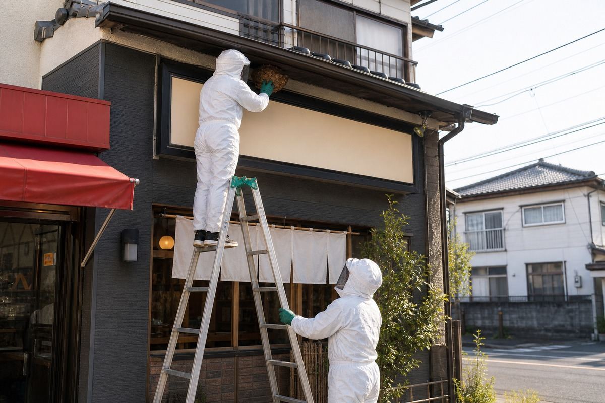一宮市大和町のラーメン店併用住宅でキイロスズメバチ駆除作業中
