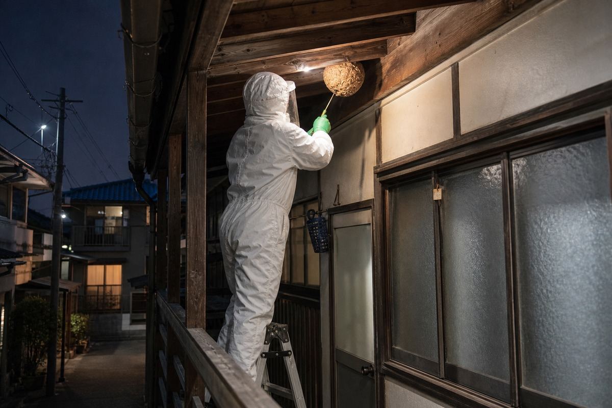 一宮市大江の木造アパートでスズメバチ駆除作業中
