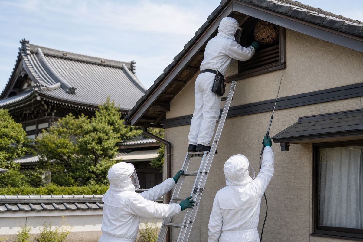 一宮市大宮の寺院隣接住宅でオオスズメバチ駆除作業中