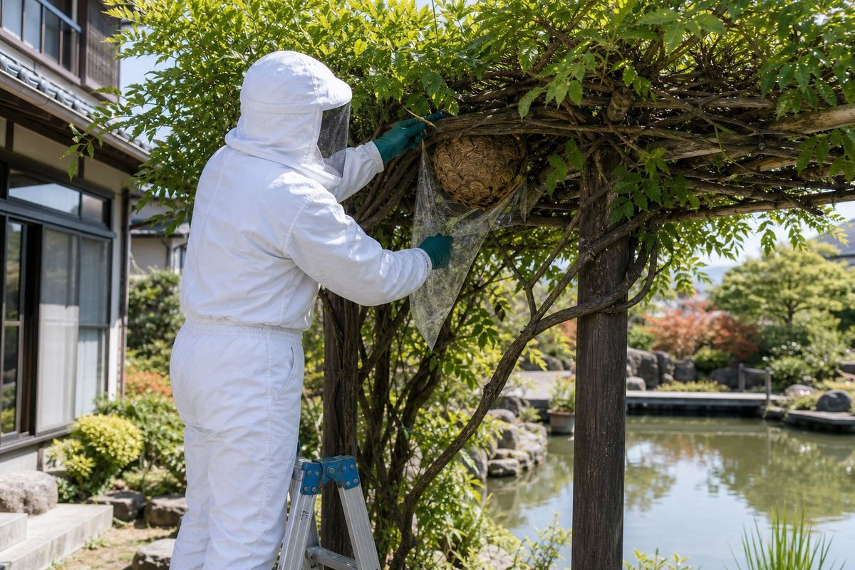 一宮市浅野の池近隣住宅でキイロスズメバチ駆除作業中
