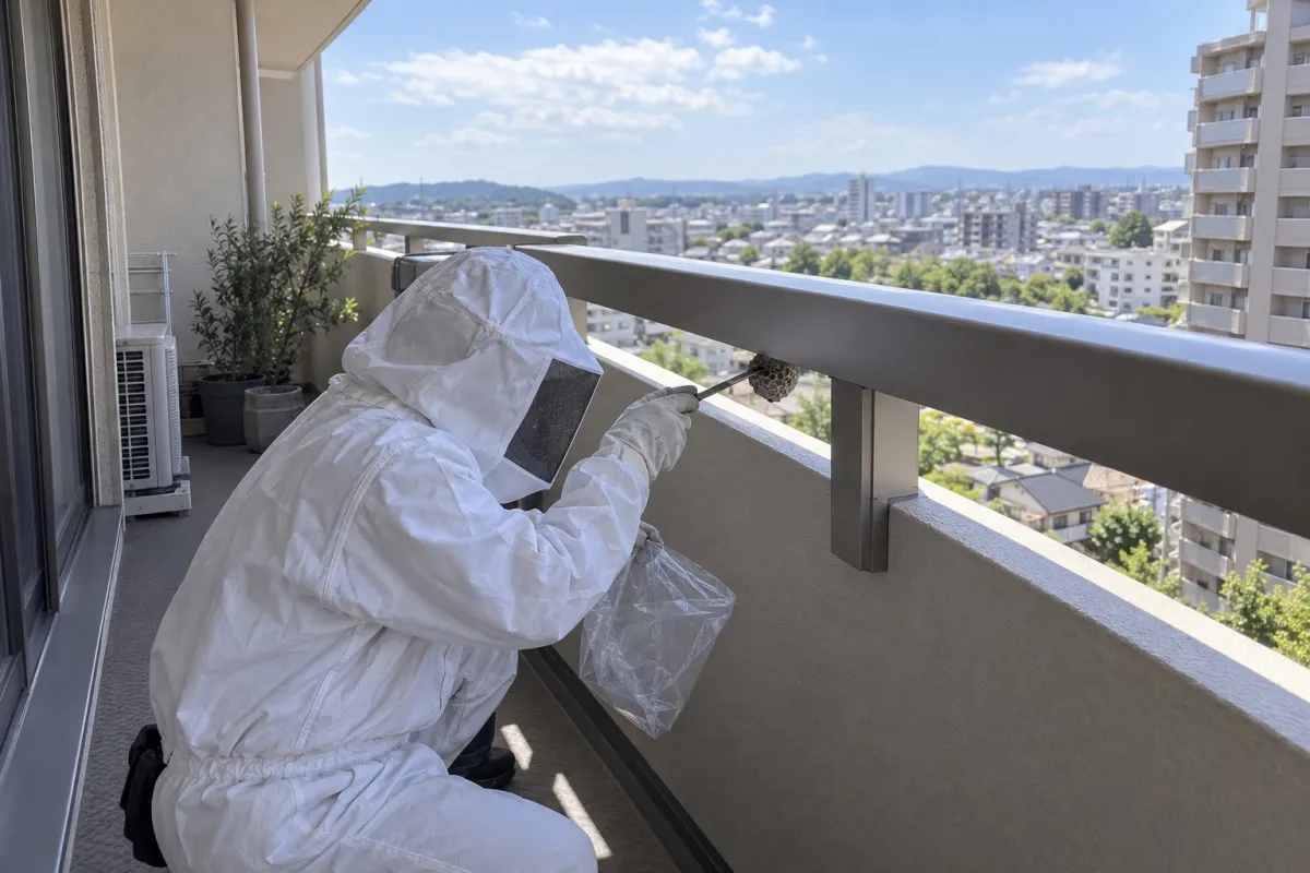 一宮市今伊勢町の分譲マンション7Fでアシナガバチ駆除作業中