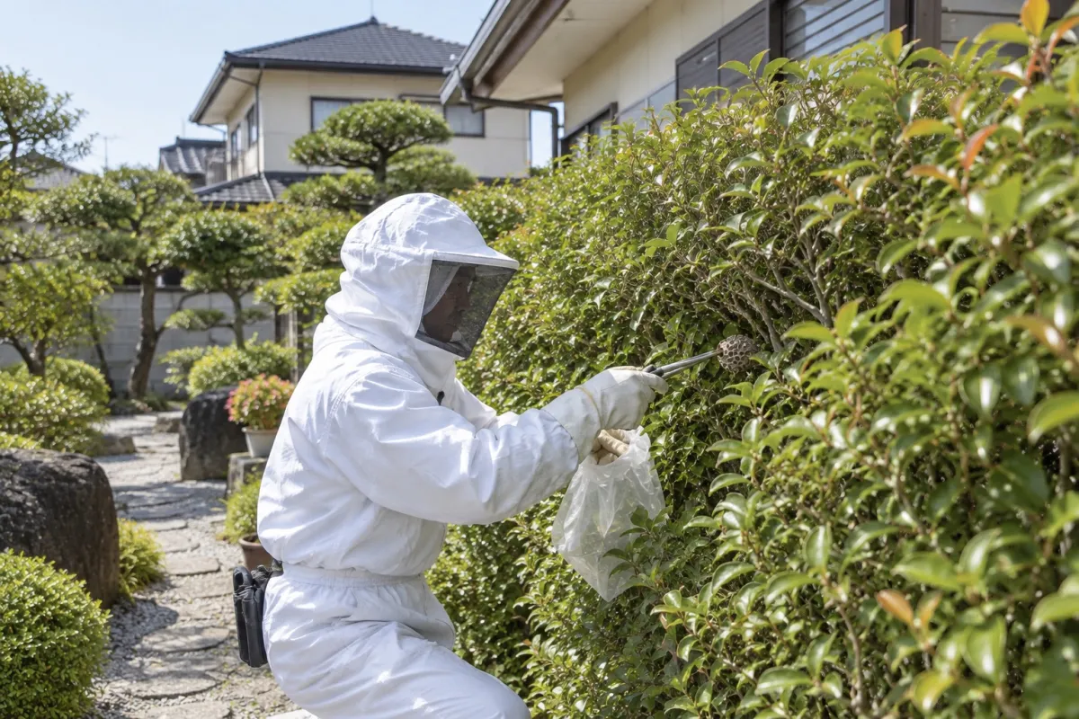 一宮市光明寺の一軒家でアシナガバチ駆除作業中