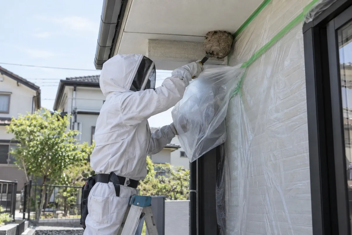 一宮市西五城の新築一戸建てでキイロスズメバチ駆除作業中