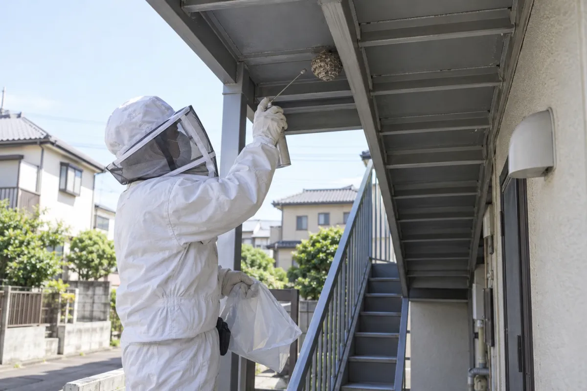 一宮市島村の賃貸アパートでアシナガバチ駆除作業中