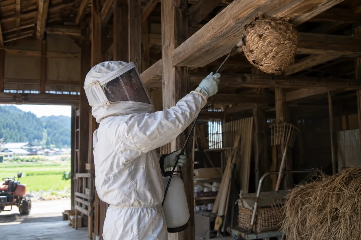 一宮市定水寺の田園農家納屋でオオスズメバチ駆除作業中