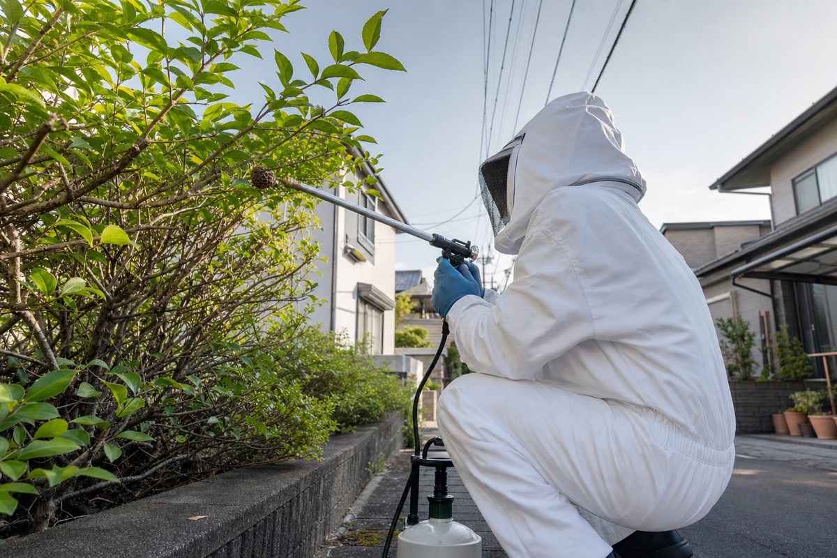 稲沢市下津の住宅街でアシナガバチ駆除作業中