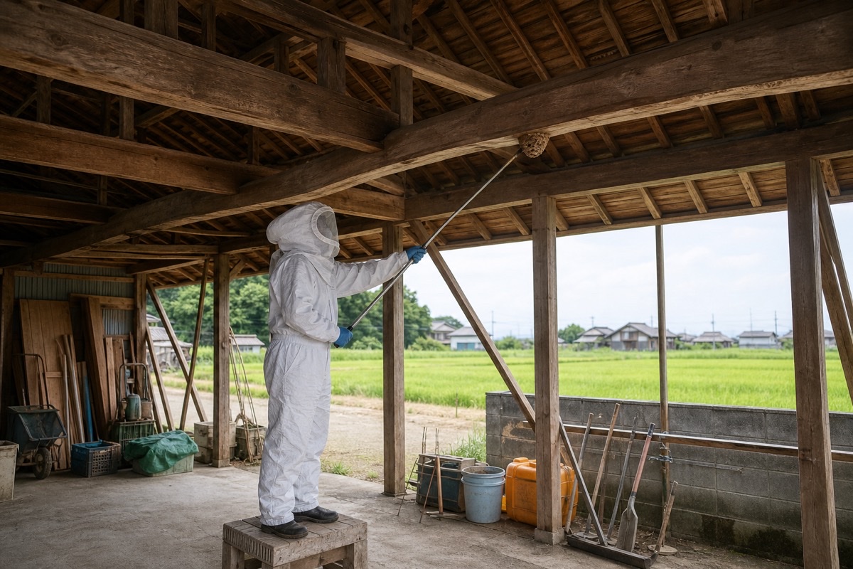 稲沢市平和町の農家住宅でオオスズメバチ駆除作業中