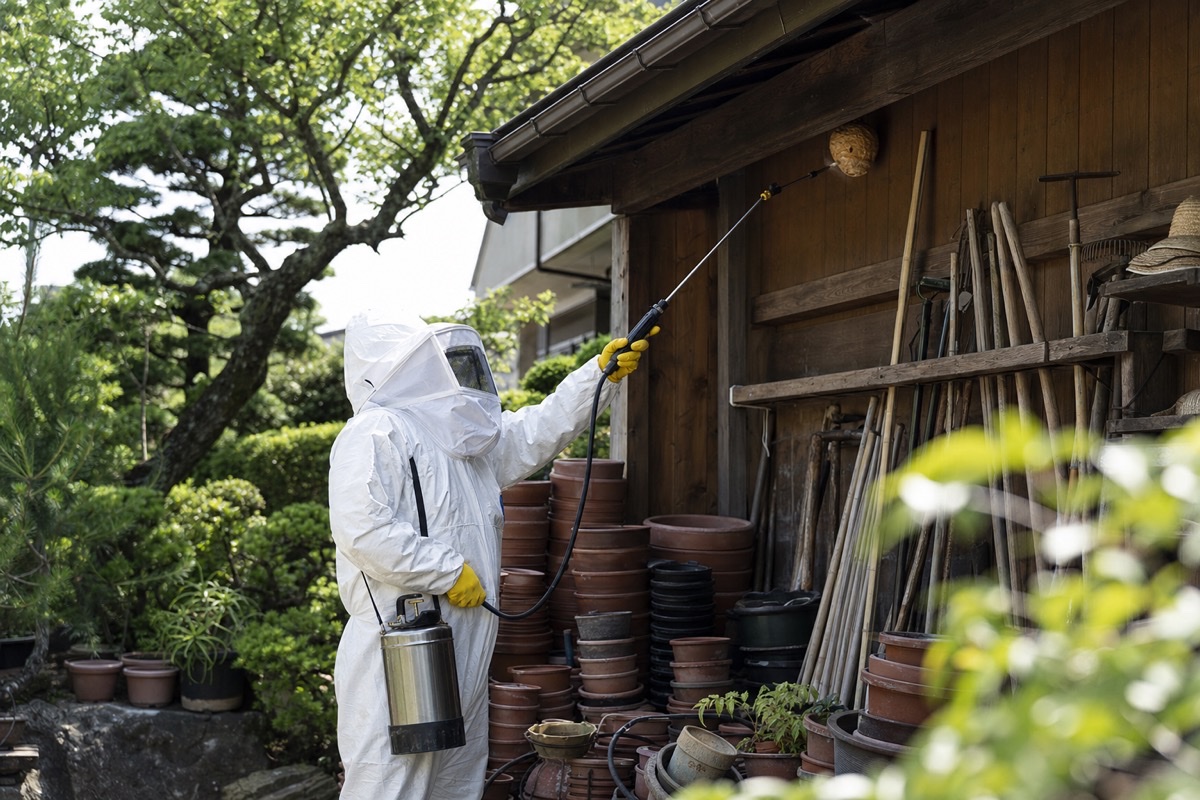 稲沢市千代田町の植木屋作業場でキイロスズメバチ駆除作業中