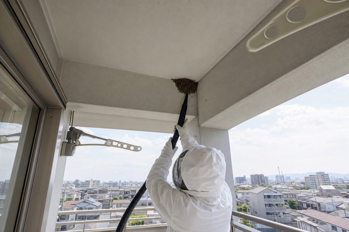 稲沢市朝府町のマンションでミツバチ駆除作業中
