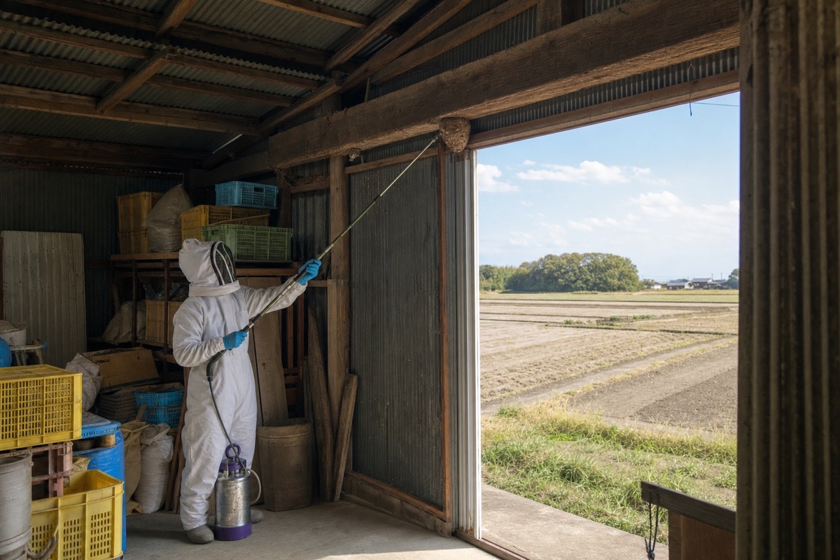 稲沢市平和町下起の農地隣接住宅でオオスズメバチ駆除作業中