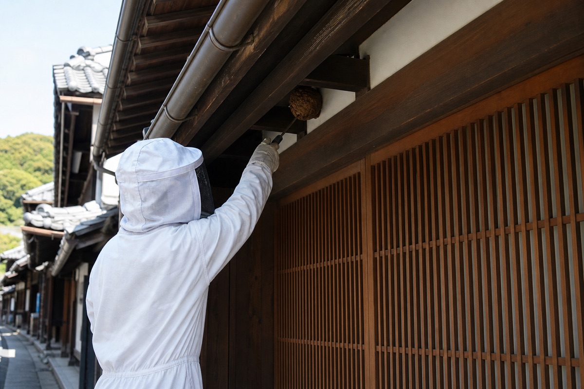 犬山市犬山北古券の城下町住宅でスズメバチ駆除作業中