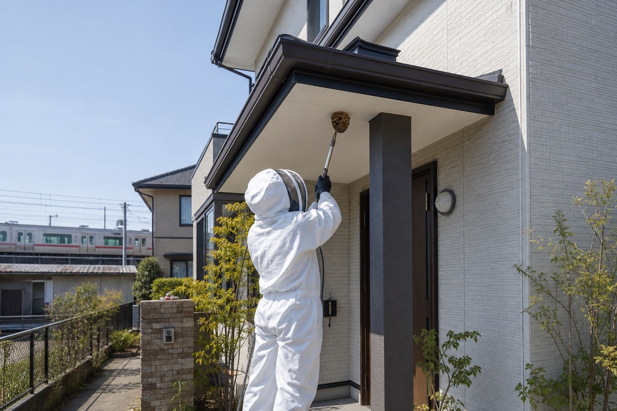 犬山市新川の住宅街でスズメバチ駆除作業中