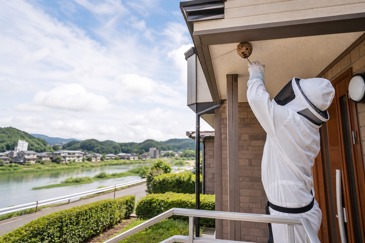 犬山市橋詰の住宅街でキイロスズメバチ駆除作業中