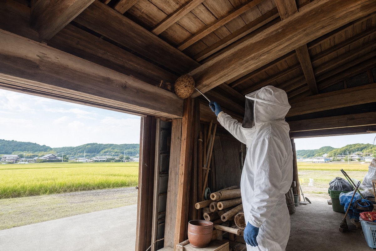 犬山市羽黒新田の田園農家でオオスズメバチ駆除作業中