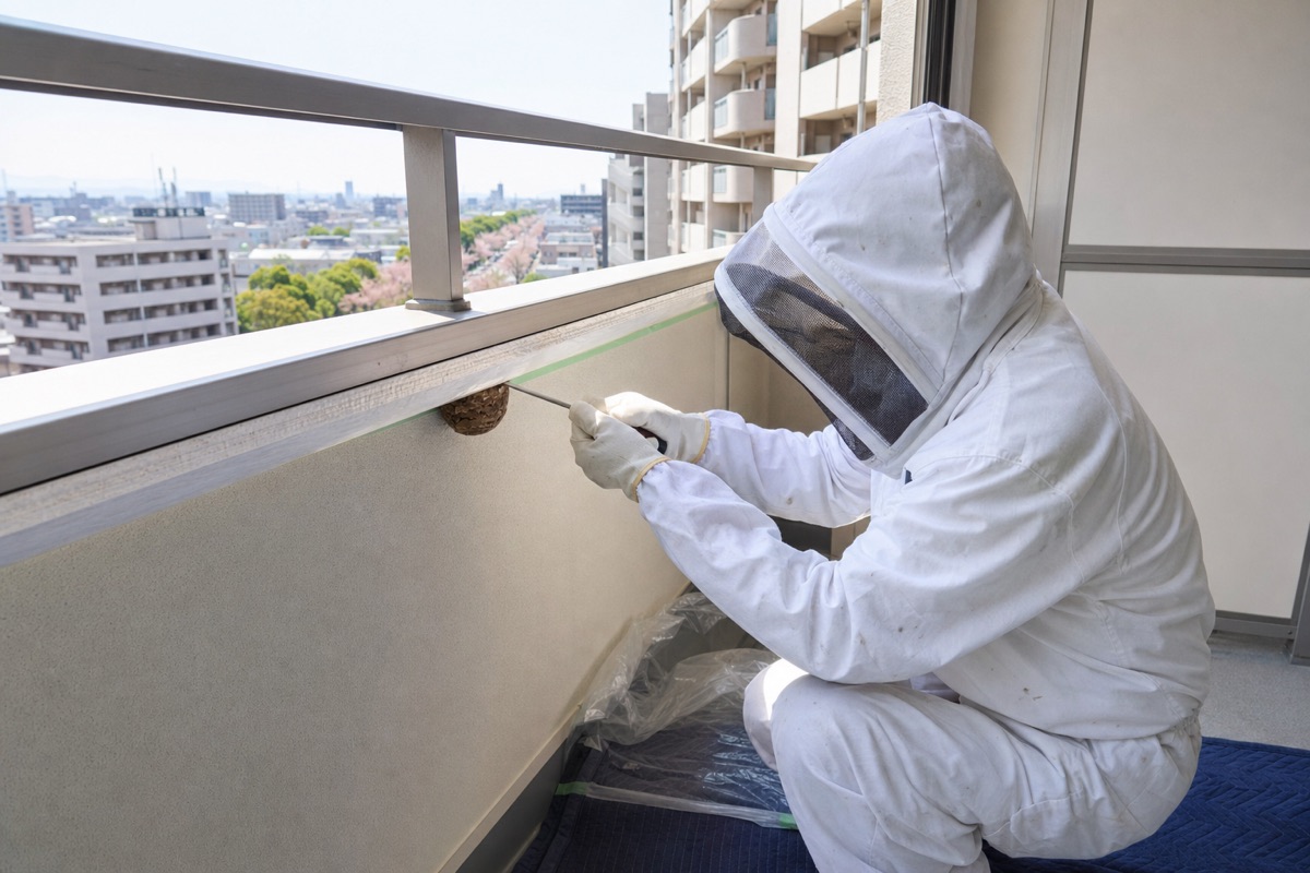 各務原市那加桜町のタワーマンションでスズメバチ駆除作業中