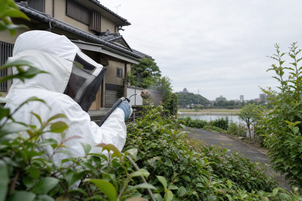 各務原市鵜沼西町の住宅街でアシナガバチ駆除作業中