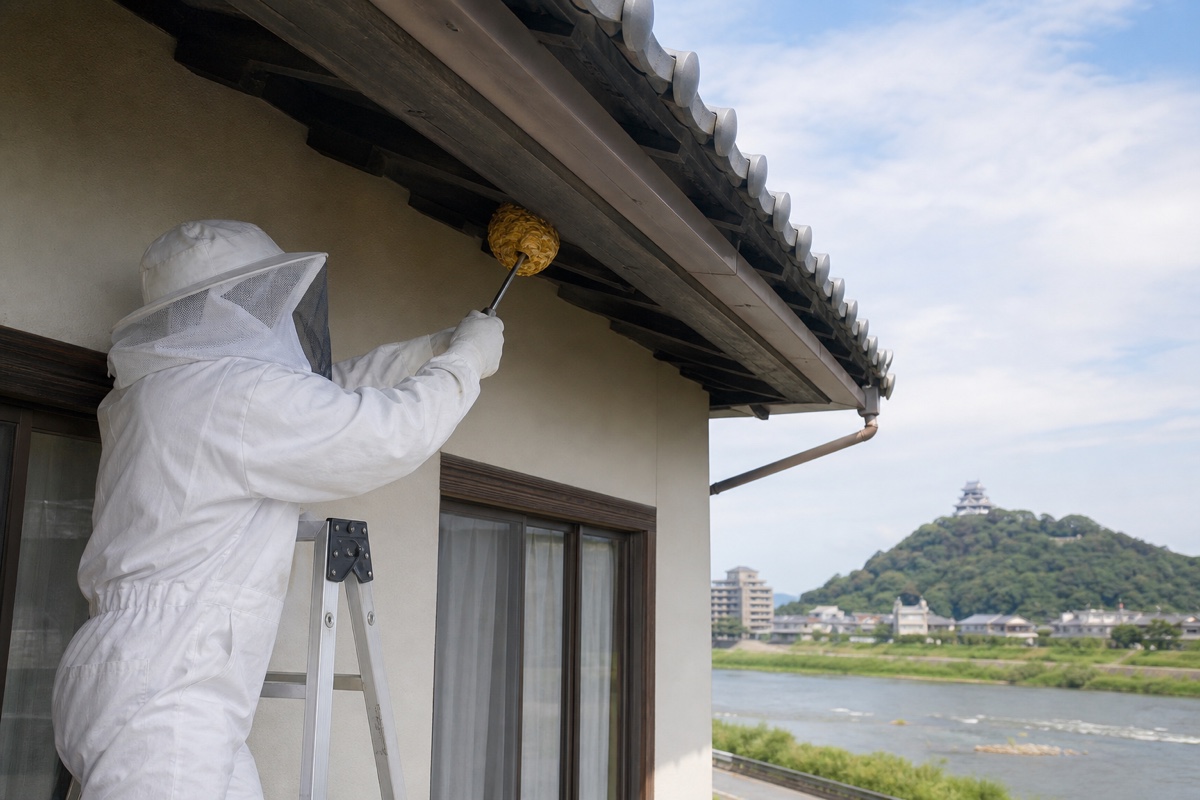 各務原市川島笠田町の木曽川沿い一軒家でキイロスズメバチ駆除作業中