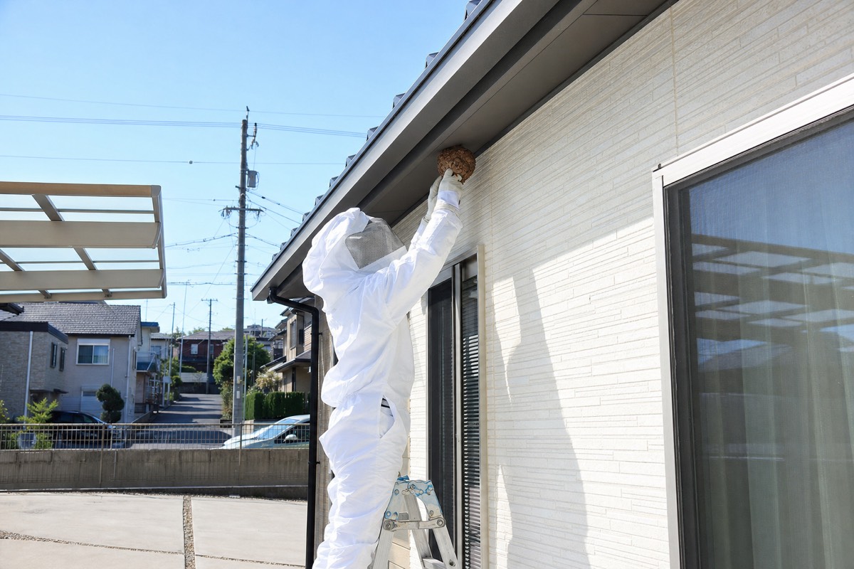 各務原市松が丘の新興住宅地でスズメバチ駆除作業中