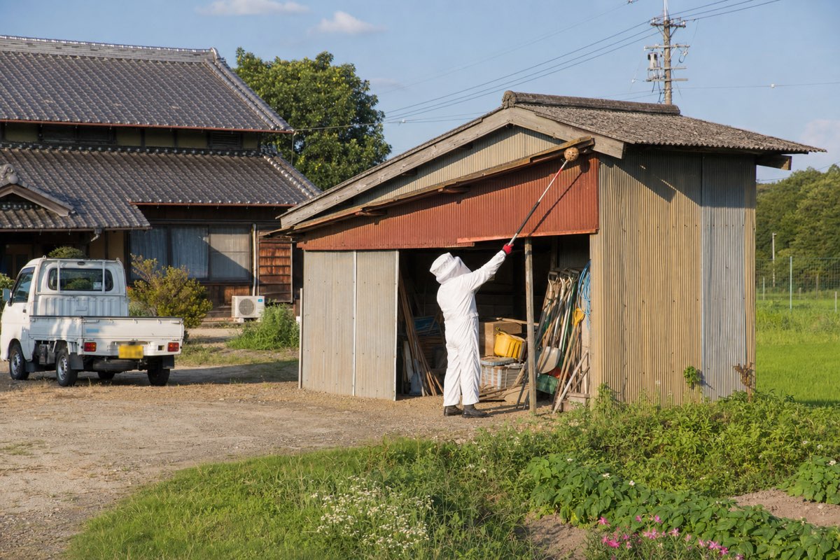 各務原市大野町の農家住宅でキイロスズメバチ駆除作業中