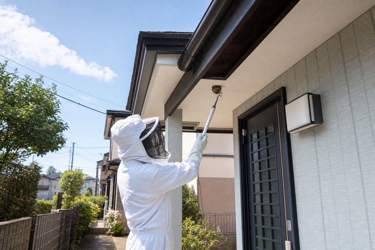 各務原市つつじが丘の賃貸戸建でアシナガバチ駆除作業中