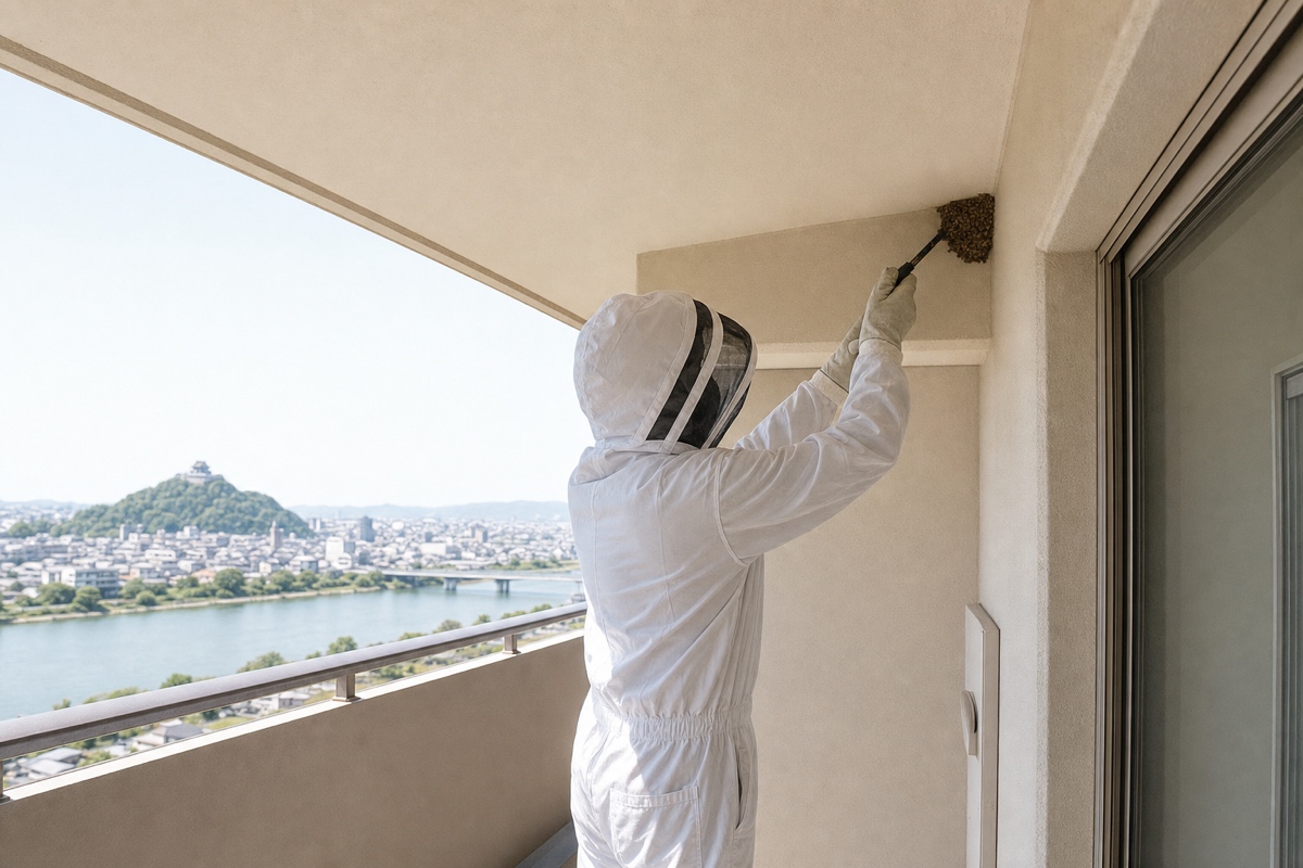 各務原市鵜沼南町のマンションでミツバチ駆除作業中