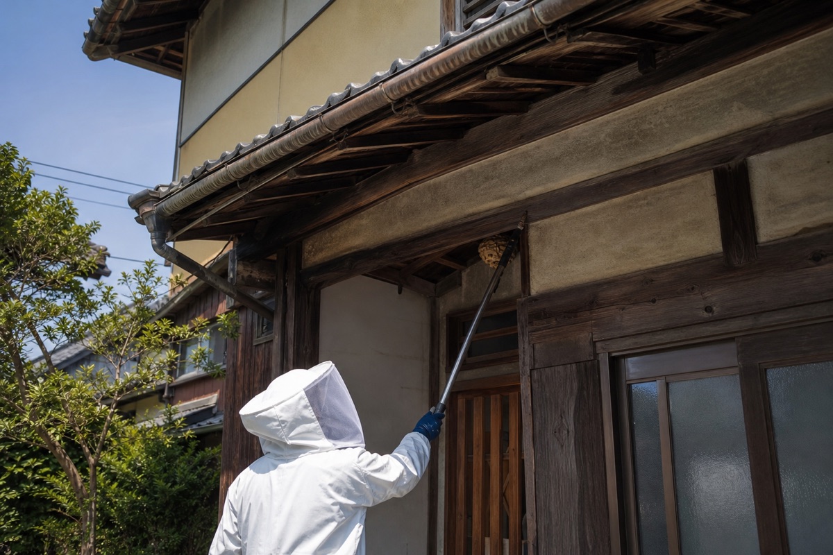 各務原市蘇原花園町の古民家でスズメバチ駆除作業中