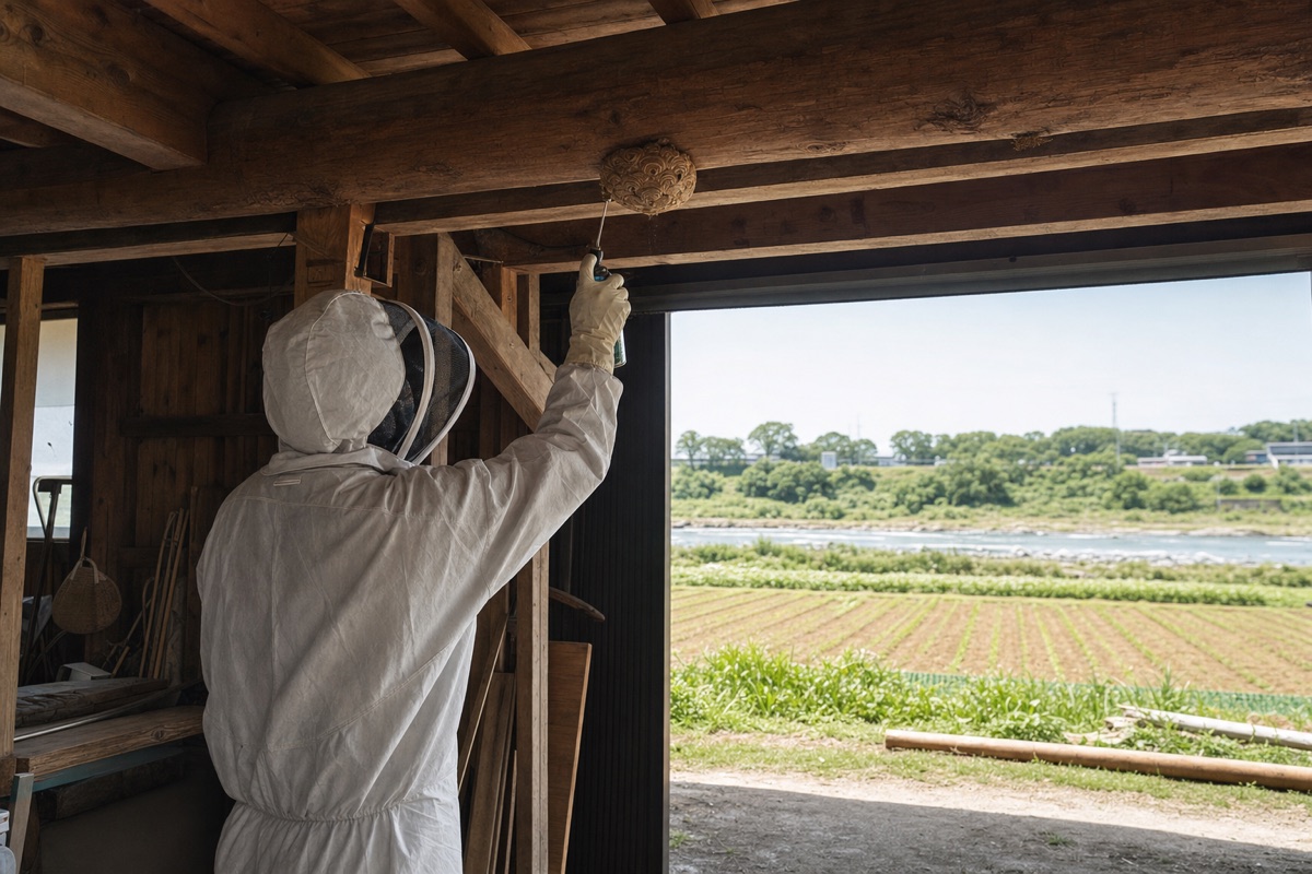 各務原市川島河田町の木曽川沿い住宅でオオスズメバチ駆除作業中