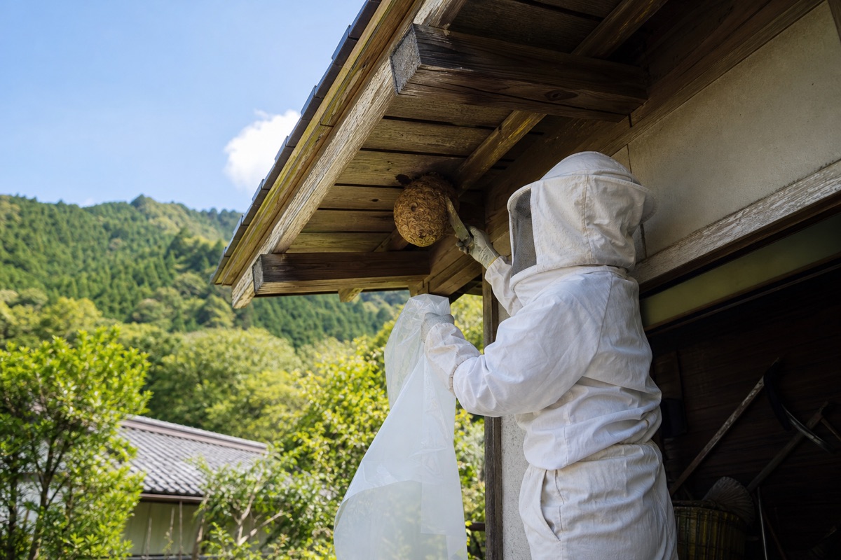 可児市兼山の山間部住宅でキイロスズメバチ駆除作業中