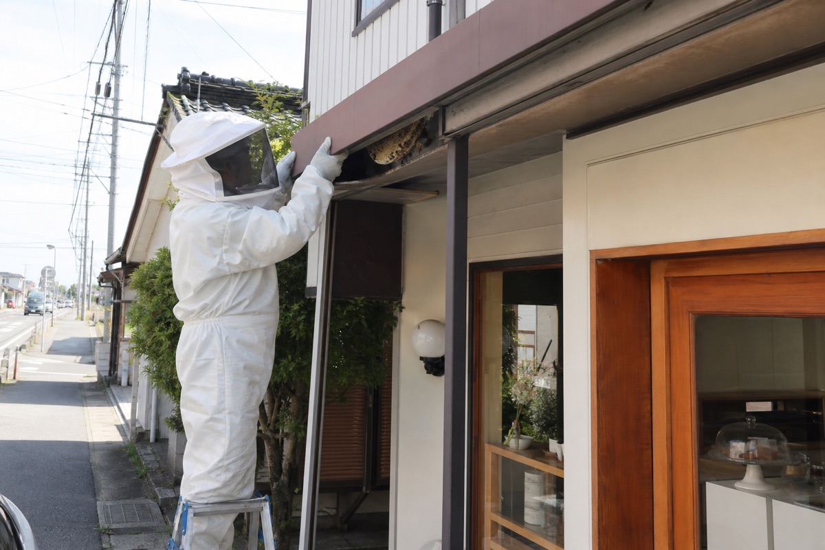 可児市帷子新町の店舗併用住宅でミツバチ駆除作業中