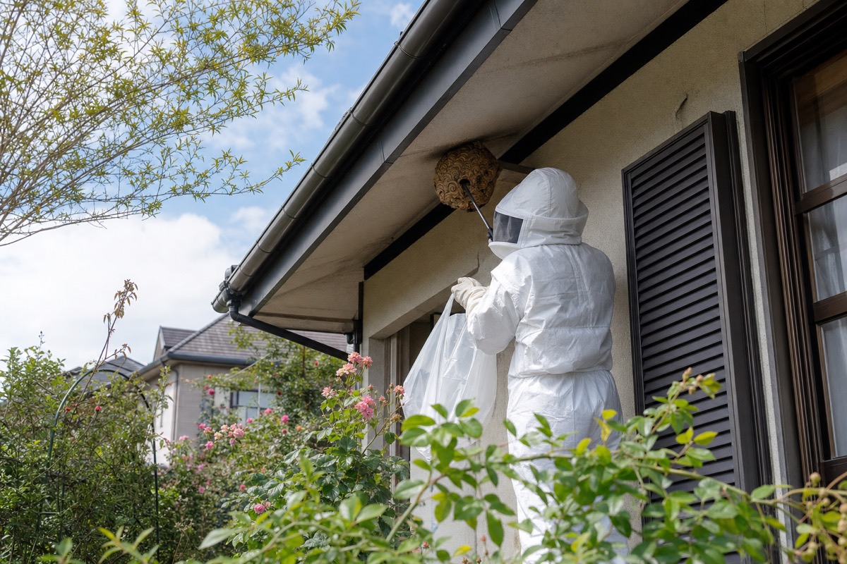 可児市川合の花フェスタ記念公園近隣でキイロスズメバチ駆除作業中