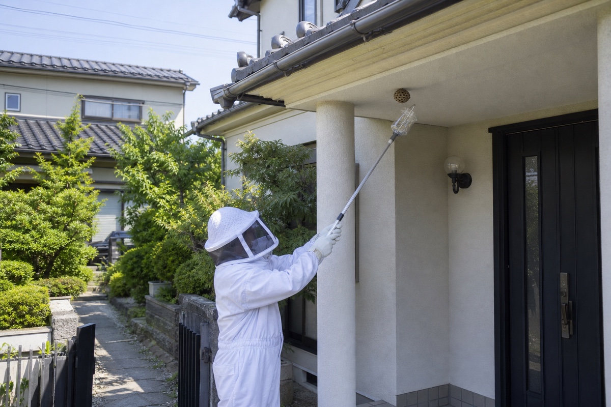 可児市塩河の賃貸戸建でアシナガバチ駆除作業中