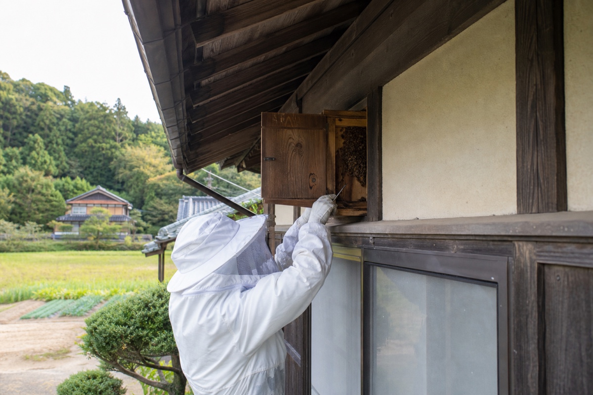 可児市姫治の農家住宅でミツバチ駆除作業中