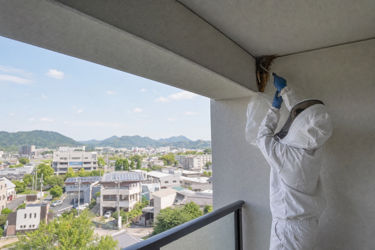 可児市皐ケ丘のマンションでミツバチ駆除作業中