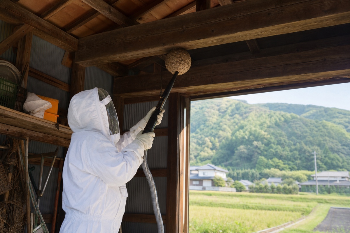 可児市光陽台の農地隣接住宅でオオスズメバチ駆除作業中