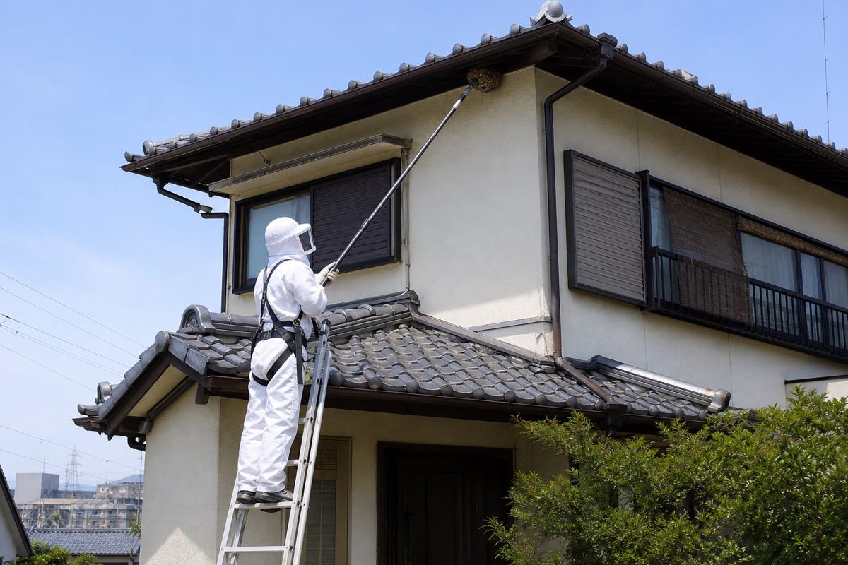 刈谷市一里山町の住宅屋根でスズメバチ駆除作業中