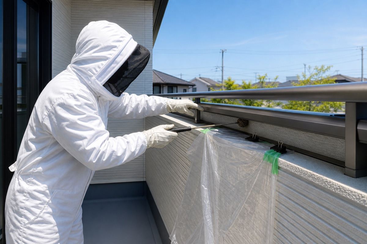 刈谷市富士見町の新興住宅地でアシナガバチ駆除作業中