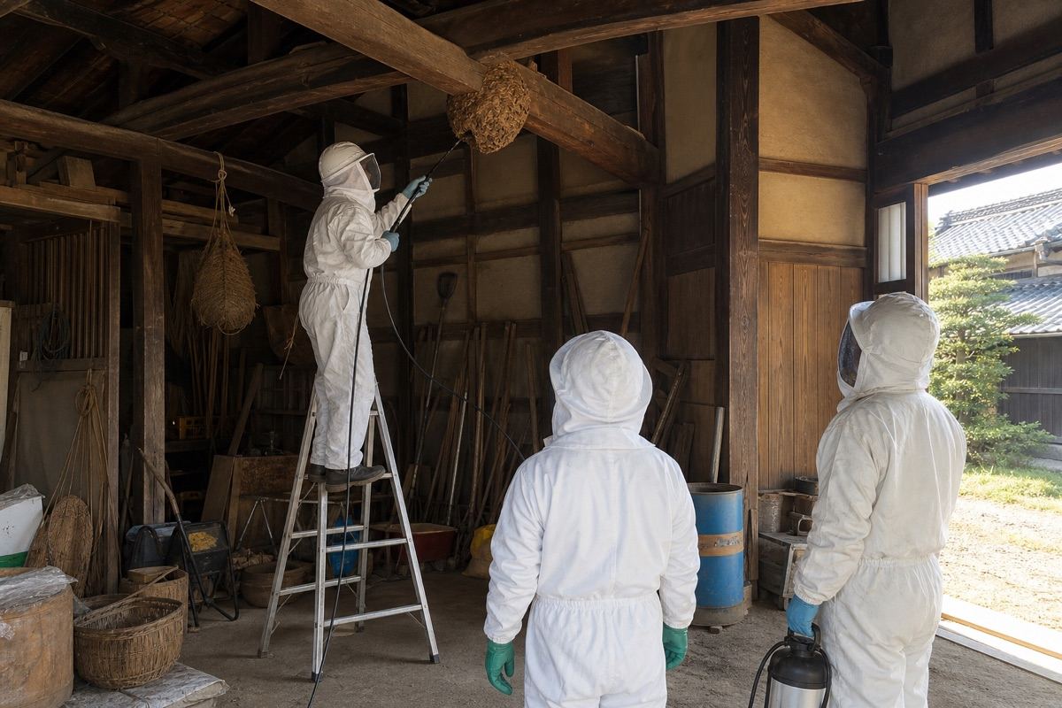刈谷市半城土町の古民家でオオスズメバチ駆除作業中