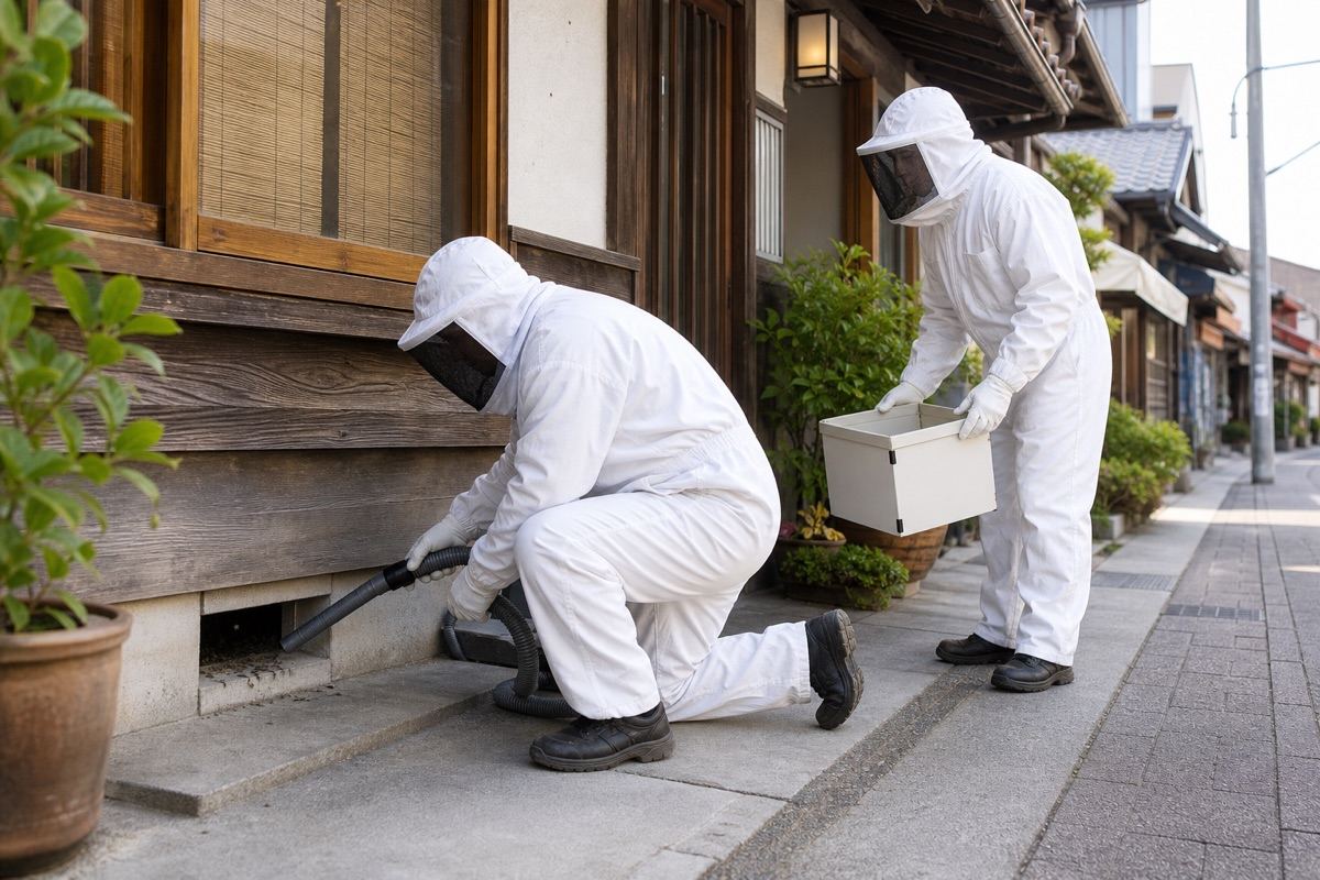 刈谷市矢場町の商店街併設住宅でミツバチ駆除作業中