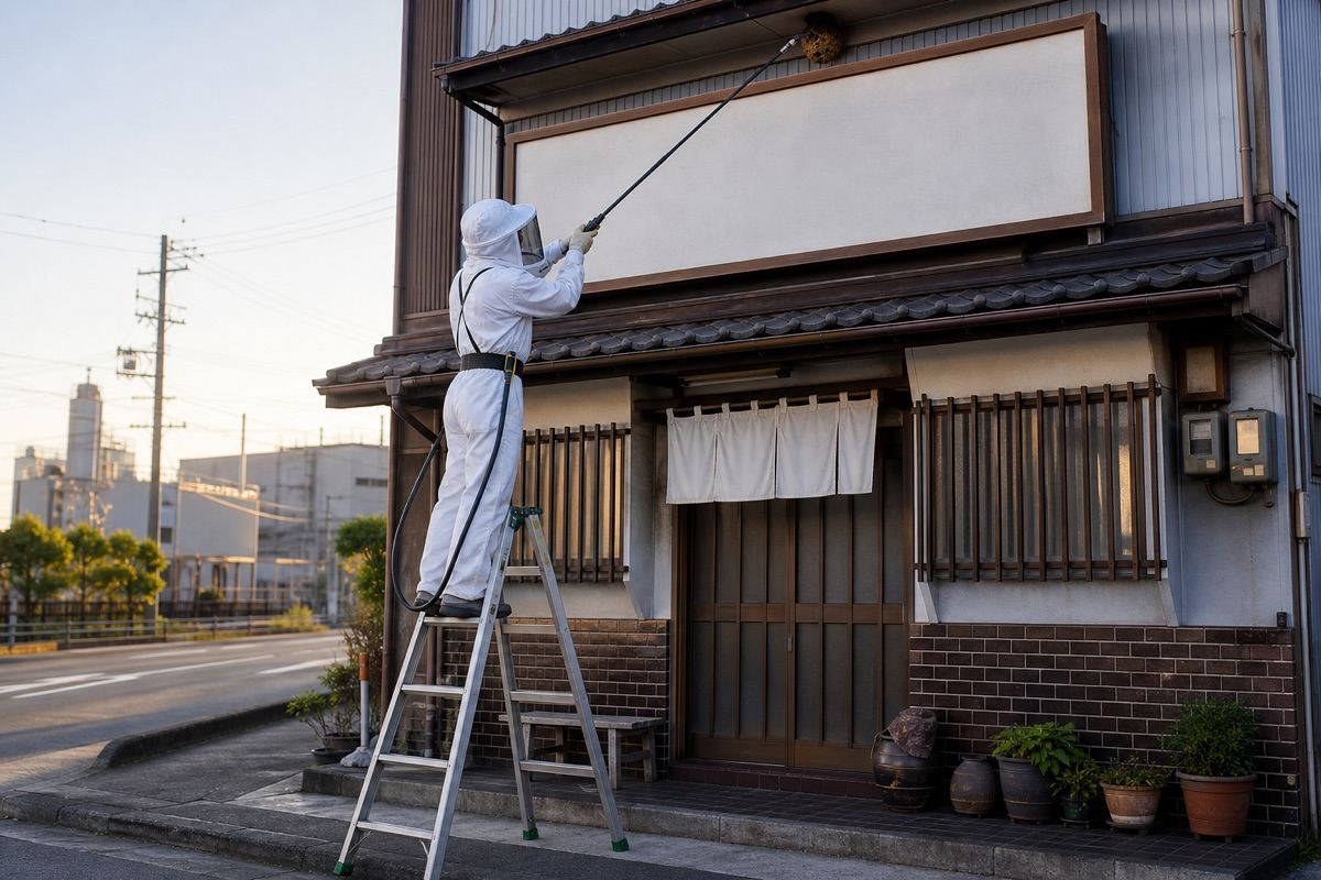刈谷市西境町の店舗併用住宅でキイロスズメバチ駆除作業中