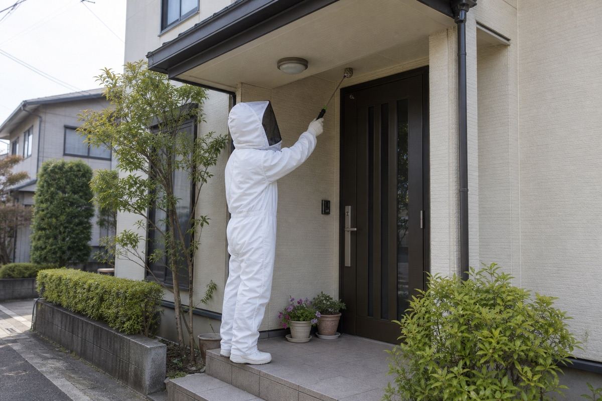 刈谷市城町の住宅街でアシナガバチ駆除作業中